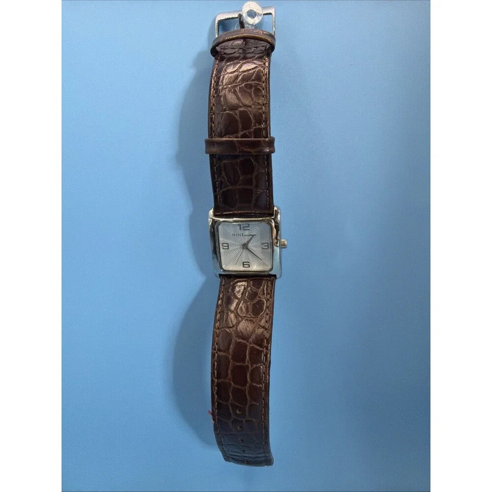 Nine Company Watch Brown Buckle Band Silver Toned Rectangular Face New Battery